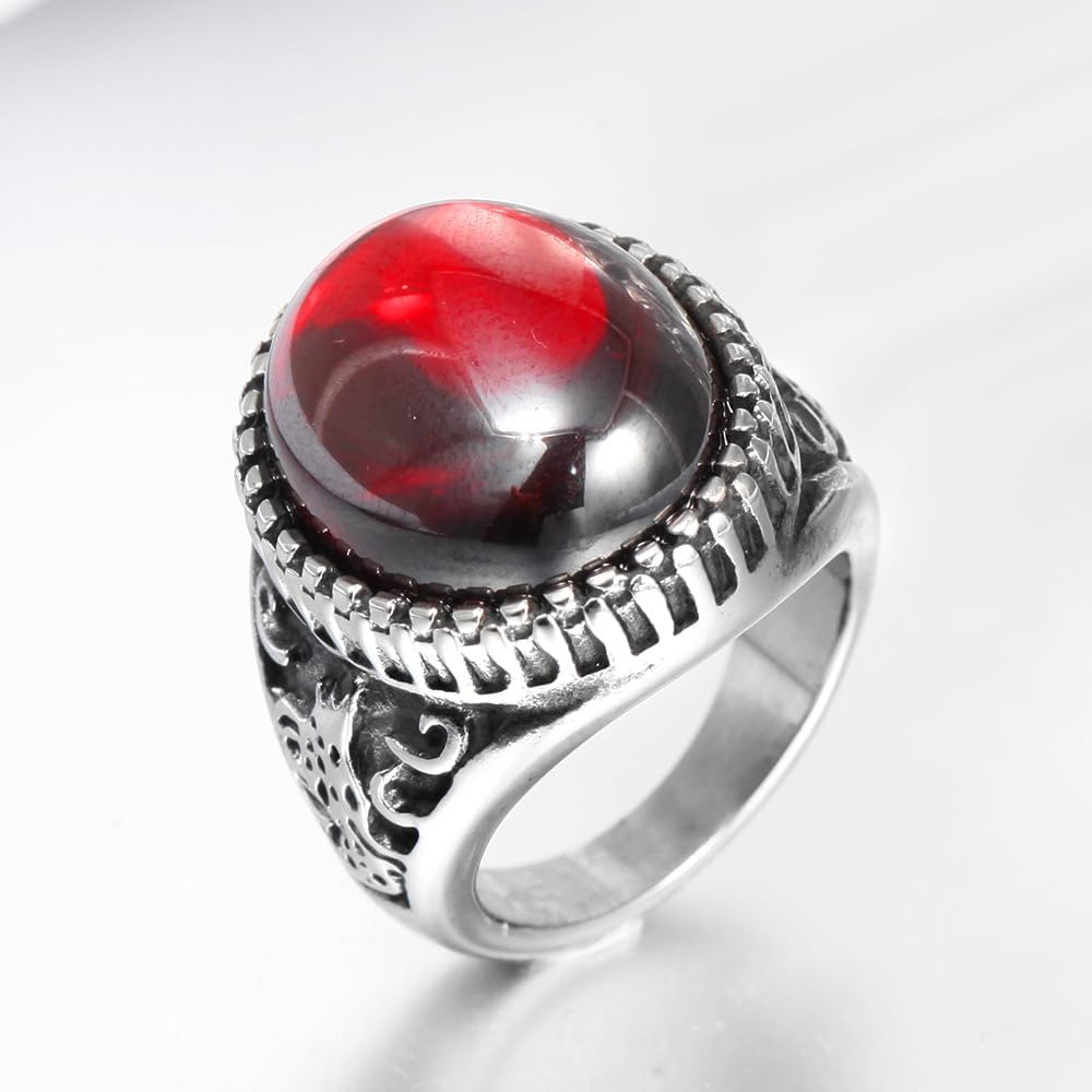 QUSIIOSLK Vintage Red Agate Stone Ring 925 Sterling Silver Oval Cut Red Onxy Ring Turkish Handmade Natural Stone Ring Retro Luxury Ruby Ring Jewelry Gift for Men 8 - Image 5