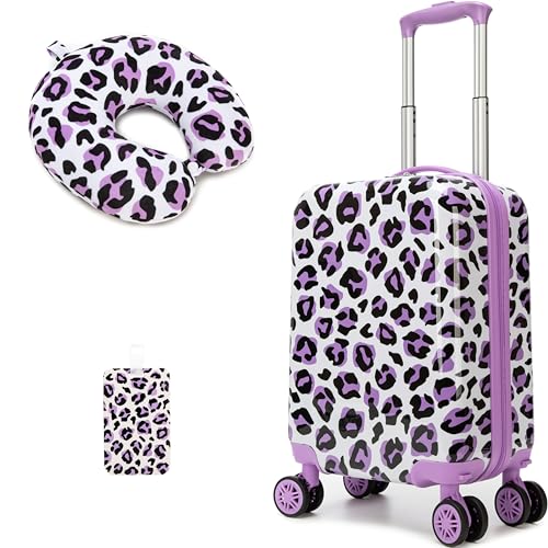 Image of Kids Luggage with Spinner Wheels Carry on Suitcases for Girls 2 Piece Luggage Sets 16 inch Toddler Suitcase for Kids Rolling Suitcase Airline Approved (Purple Leopard)