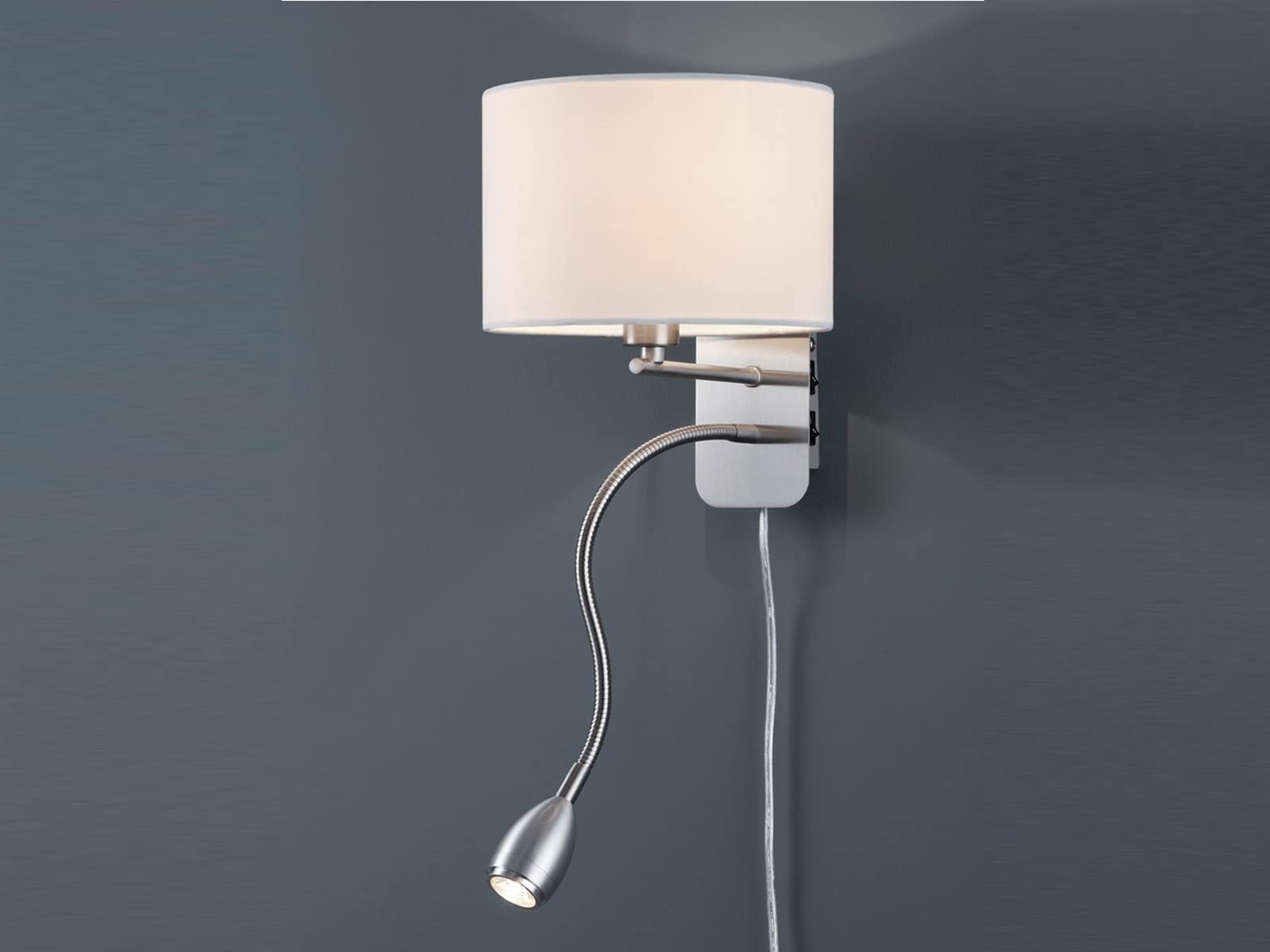 meineWunschleuchte Wandleuchte mit Leselampe, Schalter, Kabel und Stecker, Stoff Lampenschirm Weiß, Korpus Metall Silber, Höhe 23,5cm inkl. stufenweise dimmbarem E14 Leuchtmittel