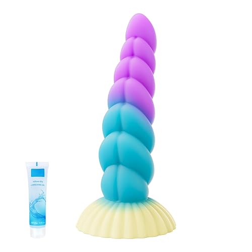 Fantasy Dildo Big Dildo,8 inch Suction Cup Dildos for Prostate & G Spot,Pink & Blue Soft Curved Big Dildos with Ribbed,Silicone Unicorn Anal Sex Toy for Men Women Couples - 8.76 IN