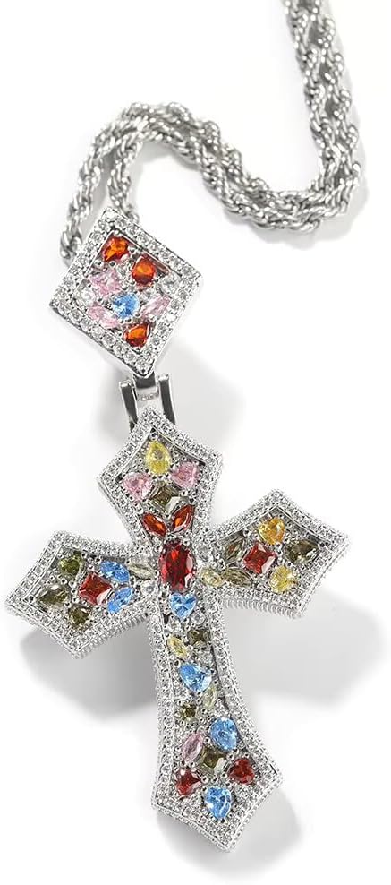 Lulu Mel Iced Out Colorful Rhomboic Cross Pendant Necklace, Trendy White Gold Hip Hop Cubic Zirconia Oval Diamond Cross Pendant Faith Jesus Necklace Gift
