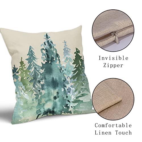 Sweetshow Watercolor Blue Green Tree Pillow Covers 18X18 Set Of 2 Rustic Style Nature Forest Print Decorative Throw Pillows Winter Christmas Square Linen Cushion Case For Home Sofa Couch Bed Outdoor #TOP3