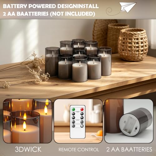 Image of kakoya Flickering Flameless Candles Battery Operated with Remote and 2 /4 /6 /8 H Timer Acrylic Led Pillar Candles Pack of 9 (D 3 inch xH 4 inch 5 inch 6 inch) with Realistic 3D Wick Candles for Home Decor(Grey)