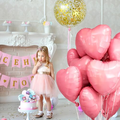 wrovitik Maca pink Heart Foil Balloons(12 pcs),18 Inch Love Valentine Balloons Silver Heart Romantic