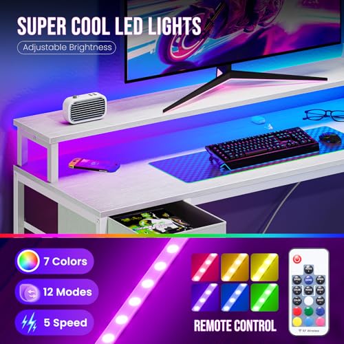 Image of DUMOS 53 Inch Gaming Desk, Monitor Stand, LED Lights | Storage Shelves, USB Charging Ports, Power Outlets, Reversible L Shaped Corner, Home Office Small Space, White