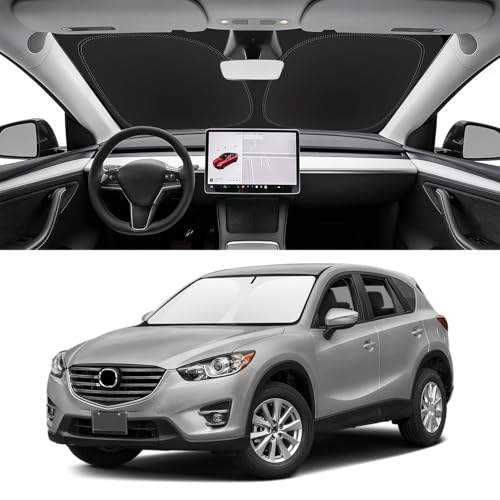 Image of Custom Fit Windshield Sun Shade for Mazda CX5 2013-2016 | Blocks UV Rays and Sun Heat, Helps Reduce Interior Temperature, Protects Dashboard from Fading, Folds Easily for Storage