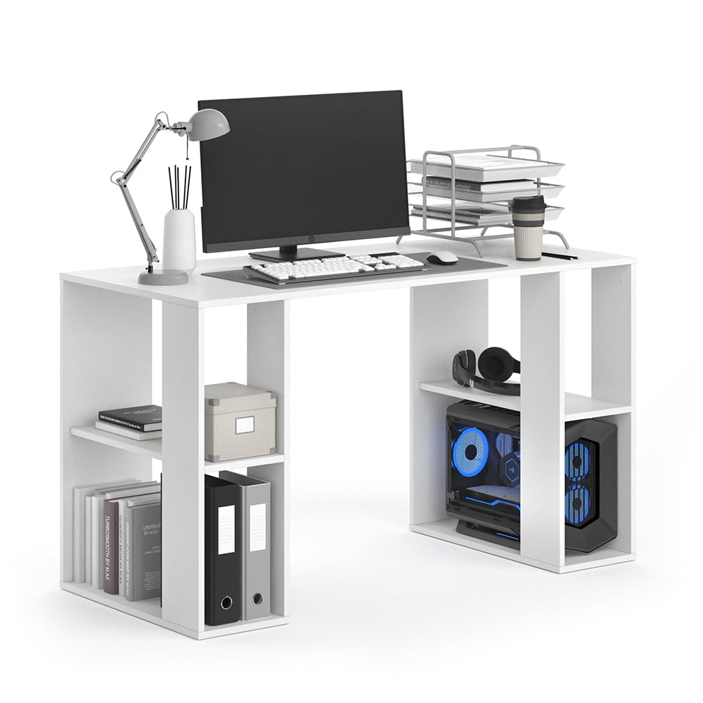 Vicco Bureau Arian, Blanc, 130x60cm | avec compartiments latéraux ouverts pour espace de rangement supplémentaire