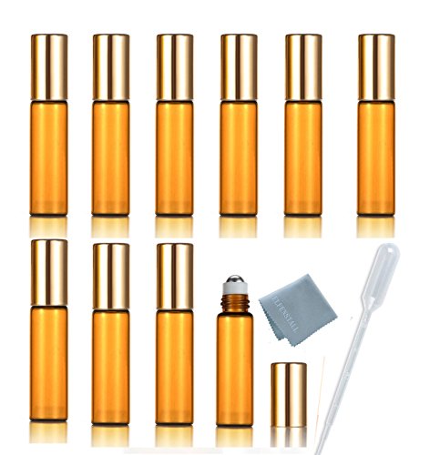 Simple-E 10pcs 5ml Amber Roll on Glass Bottles Essential Oil Steel Metal Roller Ball Gold Alloy Cap Portable for Travel