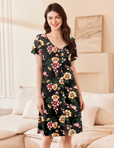 Image of Ekouaer Women's Nightshirt Short Sleeve Button Down Nightgown V-Neck Sleepwear Pajama Dress