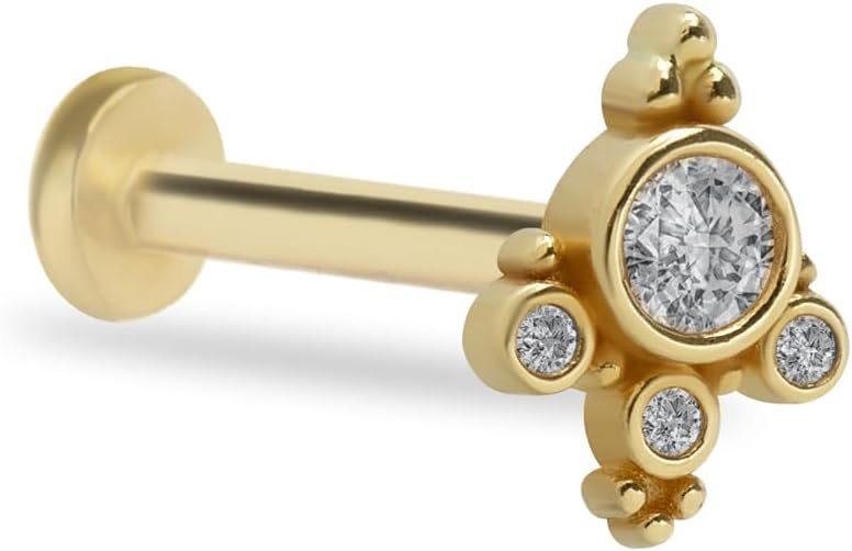 Labret Cartilage Piercing Earring With Zircons - 14K Solid Yellow Gold - For Helix Tragus Lobe Conch Flat & Other Body Piercing BY KORAL JEWELRY