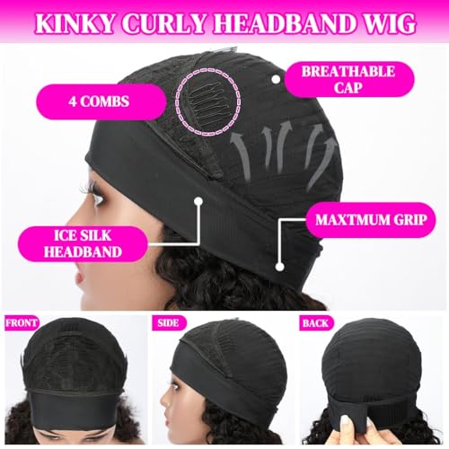 Image of 200 Density Deep Wave Headband Wig Human Hair 18 Inch Curly Half Wig Human Hair None Lace Front Wigs for Black Women Natural Color, 100% Human Hair, No Shedding