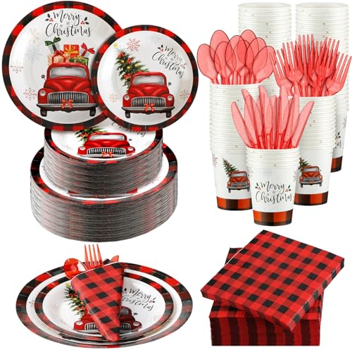 Umigy 400 Pcs Christmas Disposable Dinnerware Set for 50 Guests Christmas Truck Paper Plates and Napkins Cups Plastic Forks Knives Spoons Set, Xmas Party Supplies Holiday Birthday Dinner Tableware Umigy 400 Pcs Christmas Disposable Dinnerware Set for 50 Guests Christmas Truck Paper Plates and Napkins Cups Plastic Forks Knives Spoons Set, Xmas Party Supplies Holiday Birthday Dinner Tableware