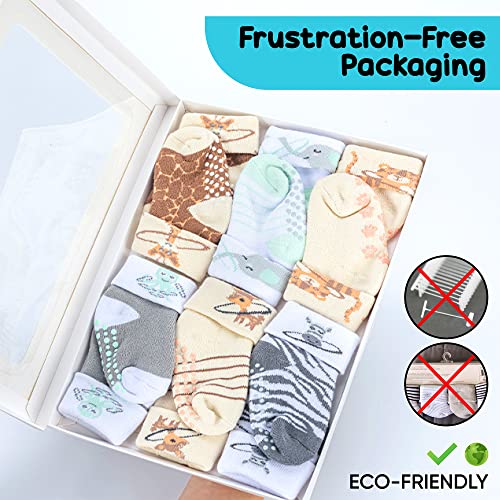 Hula Home 6-Pack Luxury Organic Cotton Blend Terry Anti-Slip Baby Socks For Infants 6-12 Months Boys And Girls, Fold-Over Cuffs And Anti-Skid Non-Slip Grips, Eco-Friendly Frustration-Free Packaging #TOP2
