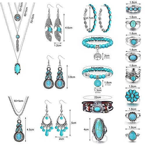 FIBO STEEL Bohemian Turquoise Jewelry Set for Women Western Jewelry Vintage Turquoise Pendant Necklace Bead Bracelet Leather Cuff Bracelet Dangle Earrings Knuckle Rings Boho Jewelry2