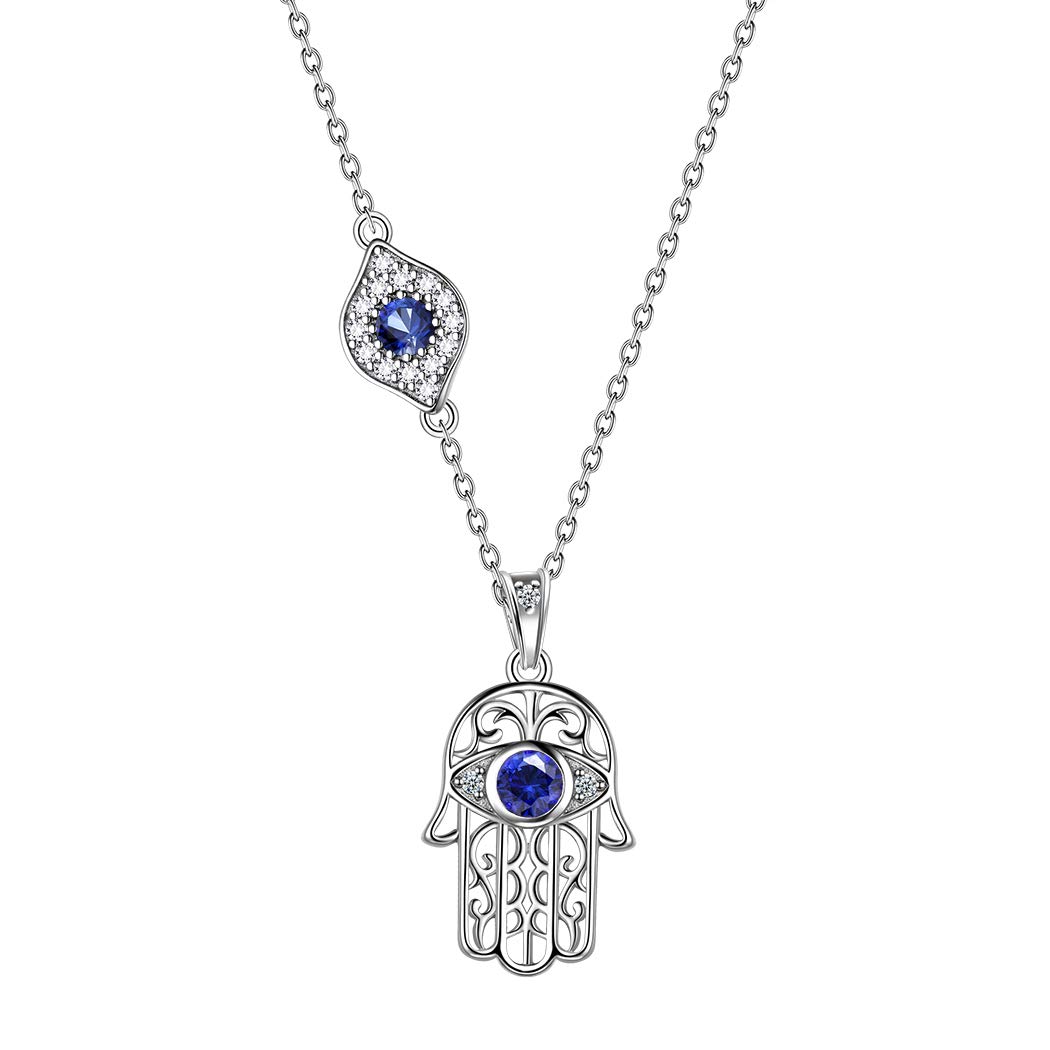 JewmonHamsa Hand Evil Eye Necklace Womens 925 Sterling Silver Third Eye Necklace Blue CZ Hand of Fatima Necklace Good Luck Protection Jewelry Valentine for Mom Wife Girlfriend's Gift FP176W