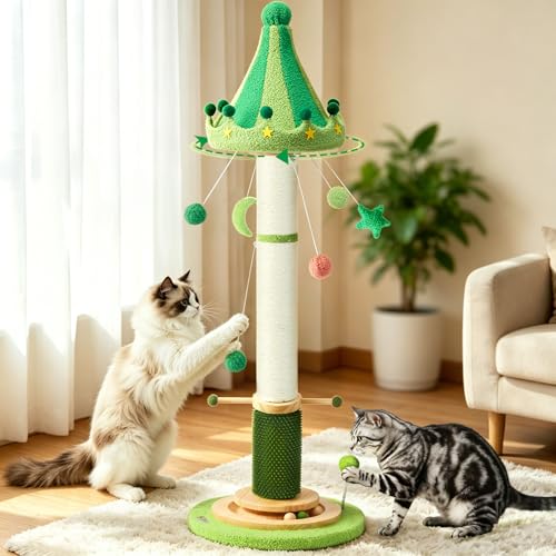 51'' Extra Tall Cat Scratching Post,Luxury Carousel Shape Thick Sisal Scratching Post for Indoor Adult,Heavy Duty Stable Stylish Scratcher Tree with Interactive Wood Ball 2*Peppermint Toys for Large