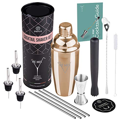 papuya New Cocktail Shaker Set Barman Professionale 750ml Acciaio Inox Completo Kit Accessori Ebook Idea per Martini Gin Tonic Mojito Party Feste Aperitivo Bar Bartender e Come Regalo RE Mix Oro Rosa