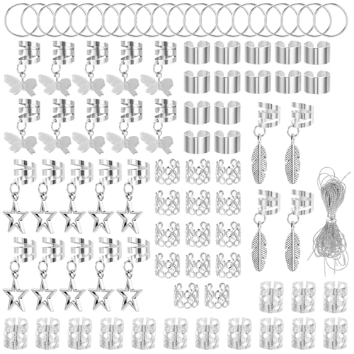 Ouligay 90pcs Silver Hair Cuffs Charms Rings for Braids Hair Jewellery for Braids Adjustable Braid Clips Dreadlock Accessories Pieces Jewelry for Men Women Festival
