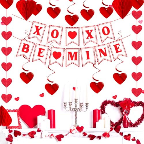 Image of Galentines Party-Decoration Valentines-Day Heart Garland - 25pcs Red Paper Streamers Honeycomb Fans XOXO BEMINE Banner, Anniversary Baby Shower Wedding Love Hanging Supplies Decor Hugfond