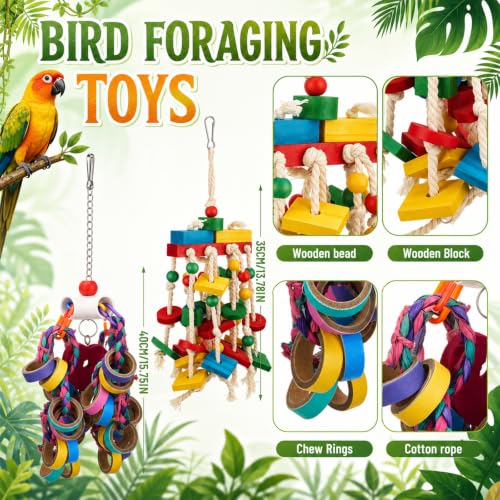 Image of Seenelling 4 Pcs Extra Large Bird Toys for Parrots, Ring and Ball | Multicolored Natural Wooden Blocks & Beads Bells, Bird Cage Chewing Toys for Large Medium Macaws African Grey Cockatoos