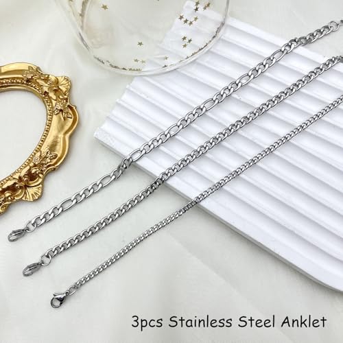 Image of Silver Ankle Bracelets for Women Waterproof Stainless Steel Anklet Adjustable Layered Cuban Silver Anklets Set Summer Beach Foot Jewelry Gift