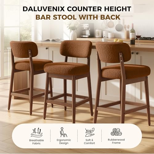 Image of Counter Height Bar Stools Set of 2, Mid-Century Modern Boucle Bar Chairs with Solid Wood Frame, Fluffy Upholstered Stools with Backrest for Kitchen Island, Home Bar, Caramel Brown
