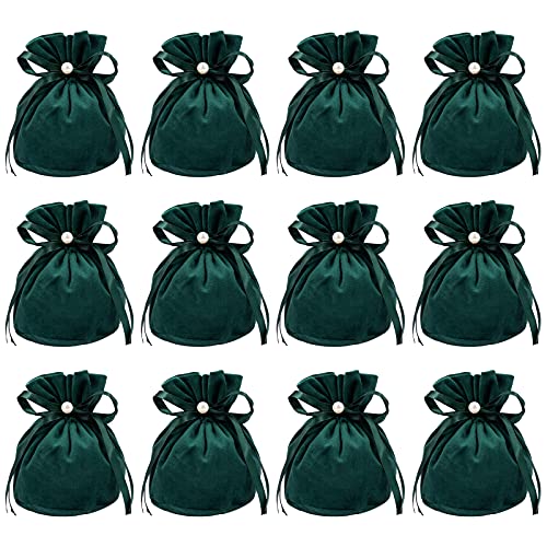 nbeads 12 Pcs Sacs en Velours, Pochettes à Bijoux avec Cordon Sacs-Cadeaux en Plastique D'Imitation de Perle pour Les Faveurs de Fête d'anniversaire de Mariage de Noël, Vert Foncé, 13.2x14 cm Cover