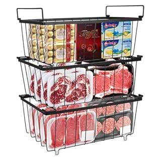 UHAPEER Freezer Organizer: 3-Pack Stackable Chest Freezer Basket with Handles - 2.8mm Metal Wire, Anti-Slip Bottom & Quick Freezer Foods & Meats for 5-7 Cu.Ft Refrigerator&Home&Kitchen (37x18x14.5cm)