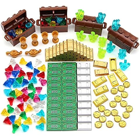Feleph Treasure Accessories Building Blocks Set Jewel Chest, Gems Diamonds, Money Tile, Bullion Gold Silver Bar, Power Crystals, Coins, Goblet, $100 Dollar Bill Cash Toy Brick Cover