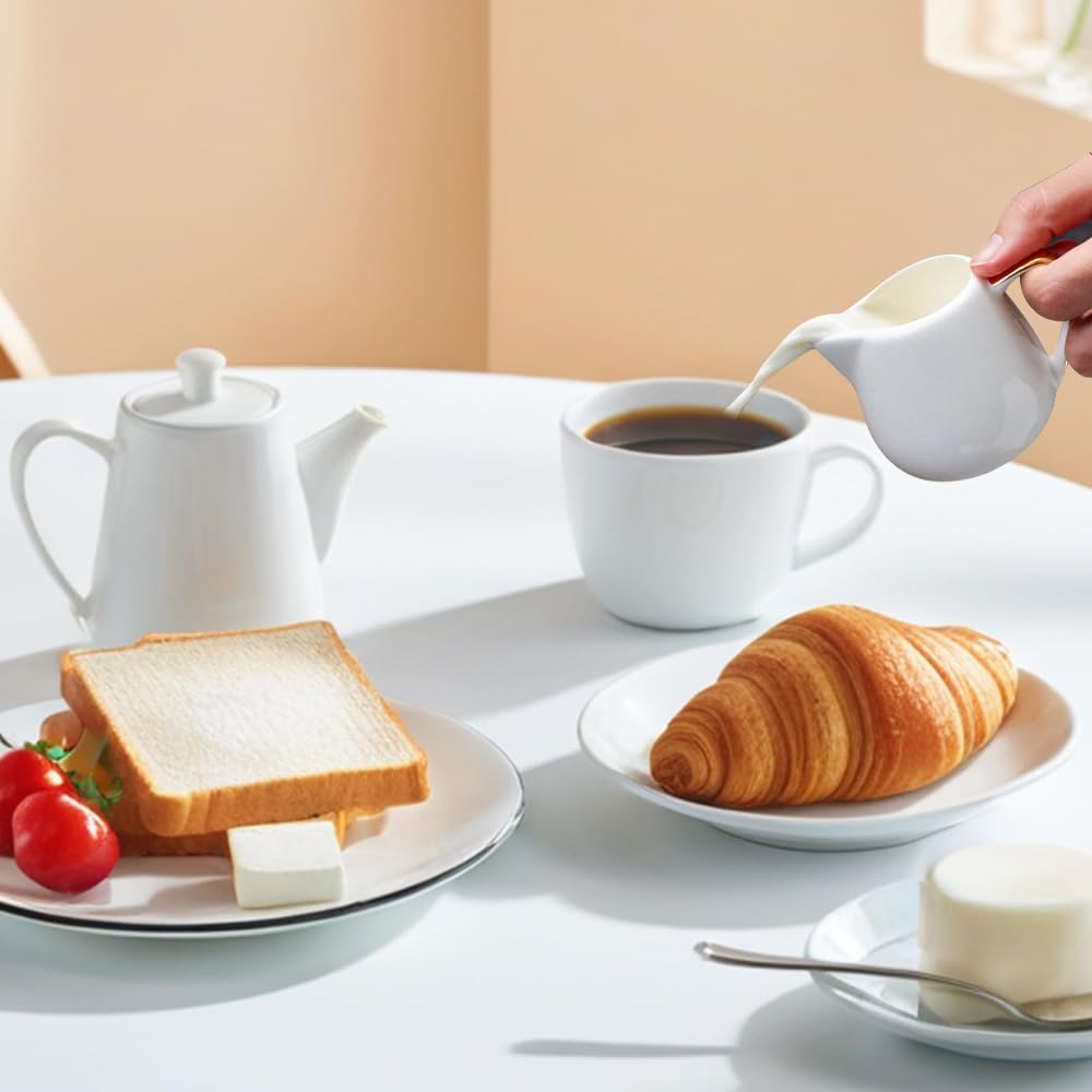 Foreverup 12 piccole brocche per il latte, 50 ml, in ceramica bianca, piccola brocca per sugo con manico, mini brocche riutilizzabili per lattiera, salse, zuccheriera, sciroppo, per caffè, tè, salsa