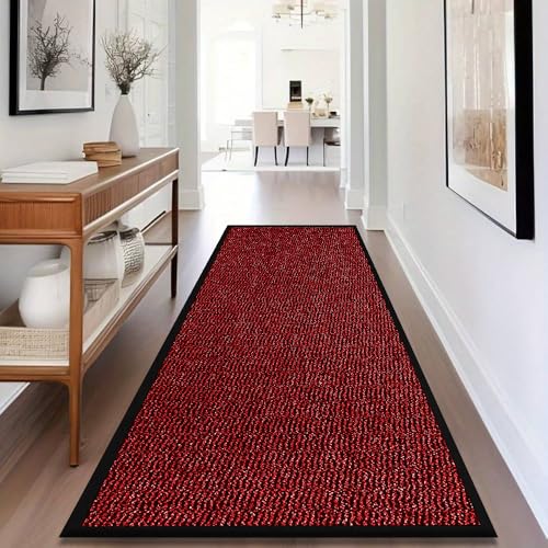 Fit Even Sunny Indoor & Outdoor Runner Rug – Machine Washable Non-Slip Rubber Backed Entrance Mat, Long Waterproof Mats for Hallway, Front Entrance, Kitchen, Patio or Garden - (Red, 60x180 cm)