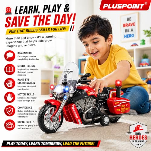 Image of PLUSPOINT Fire Rescue Bike Toy for Kids | Friction Powered Push & Go Fire Motorcycle with Lights & Music | Emergency Rescue Vehicle Simulation Toy for Boys & Girls Age 3-6 Years
