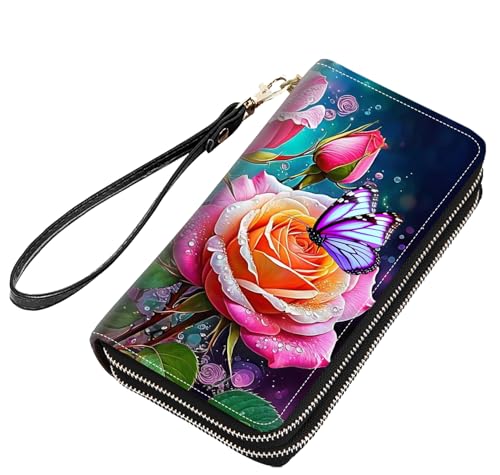 stmedazm Rose and Butterfly Print Women Large Capacity PU Leather Double Zipper Wallet, Multifunctional Clutch Purse for Cash/Card/Coin/Smart Phone