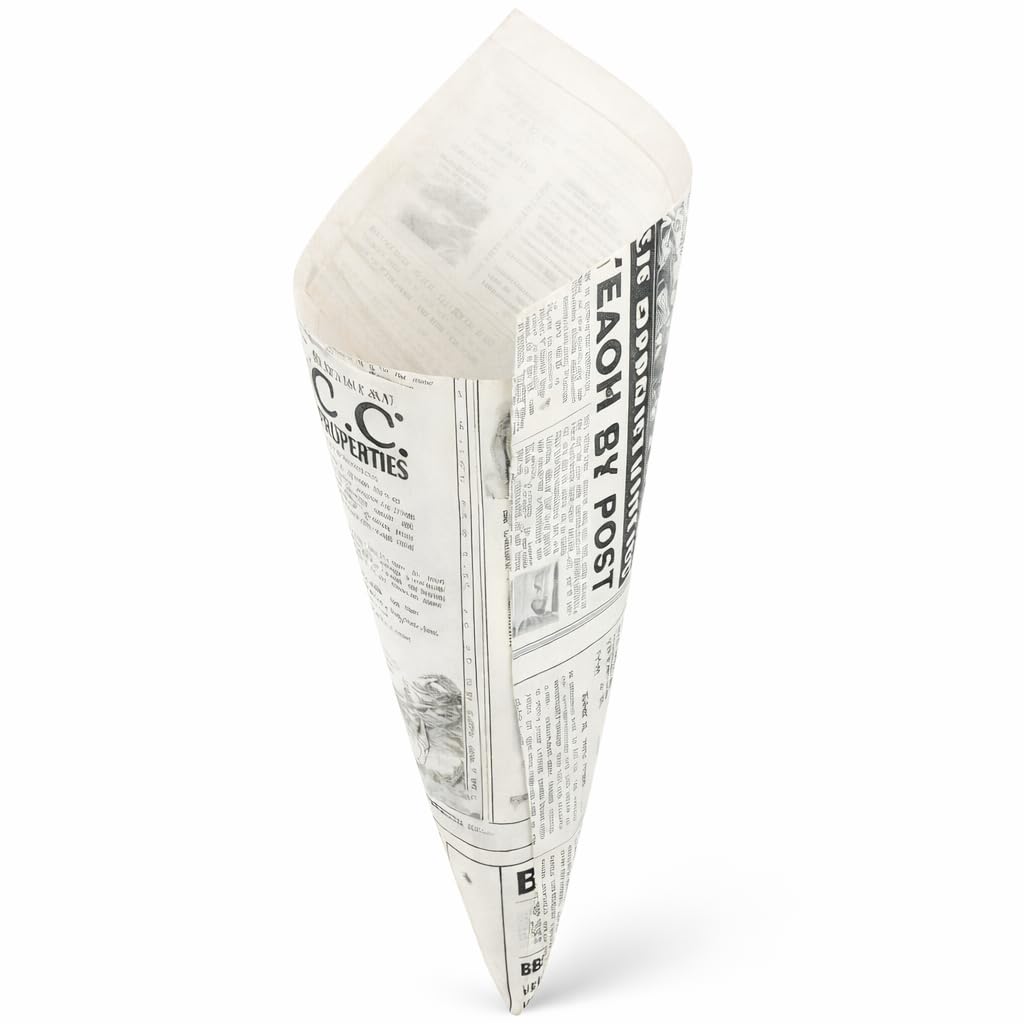 Verdturee – Cornets Papier Alimentaire Ingraissable Style Journal – Emballage Frites, Burgers & Snacks – Restauration Rapide & Street Food – Lot de 250