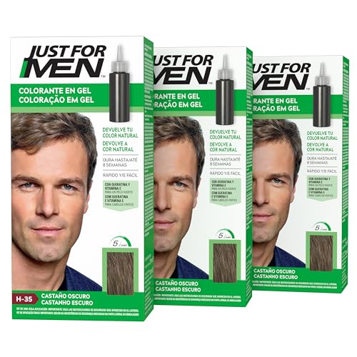 Just For Men Colorante en Gel, Tinte Pelo Hombre, Cubre Solo Las Canas, Restaurando El Color Original Para Una Apariencia Natural, Color Castaño Oscuro, H35 (3 Pack)