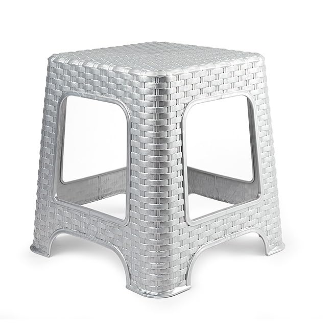CABLEPELADO - Taburete de Rattan Bajo, Ligero y Multifuncional, Asiento Plástico Supletorio, Silla Sin Respaldo, Antideslizante, Apilable, 33 cm Altura, Gris