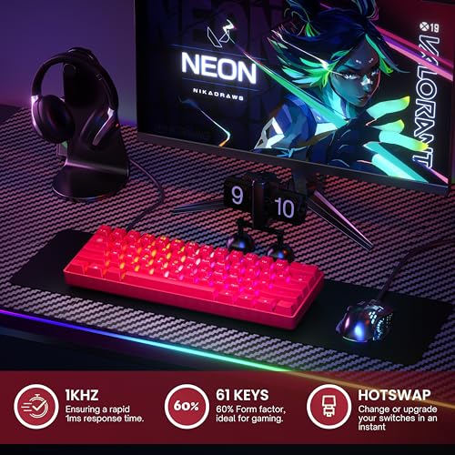 Image of GK61 Hot-Swap Mechanical Gaming Keyboard - 61 Keys Multicoloured RGB LED Backlight for PC /Mac Players (Gateron Optical Red, Red)