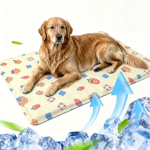 Tappetino Refrigerante Cane Iniezione D'acqua,60*90cm Tappetino Refrigerante per Gatti con gel Atossico,Pieghevole,Facile da Pulire,per Animali di Piccola,Media e Grande Taglia,L'estate Viaggi-Giallo