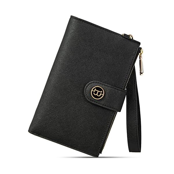 BOSTANTEN Leather Wallets for Women, Smartphone Wristlet Clutch Purse RFID Blocking Card Holder with Double Zipper Pockets