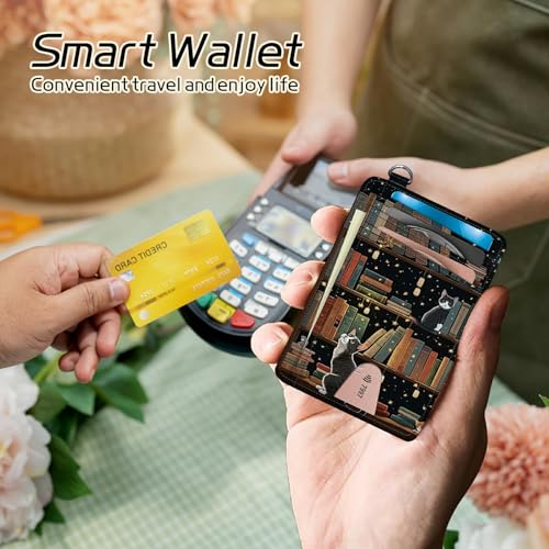 Image of Small Travel Wallets, Cat Library Slim Minimalist Front Pocket Wallet with Wristlet, RFID Blocking PU Leather Credit Card Holder with ID Window Change Purse for Men Women