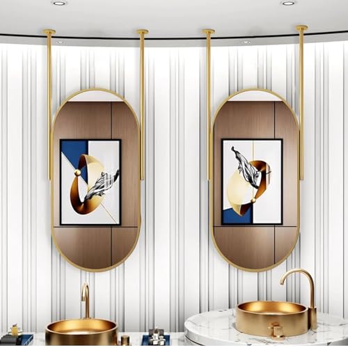 Espejo Ovalado Dorado para Colgar en el Techo, Espejo de baño para Maquillaje y Afeitado, Espejo de Techo con Marco de Metal y Varillas Dobles Personalizables, Espejo HD (tamaño: 50 x 60 cm)