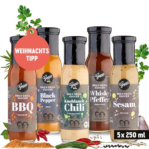 Gepp’s Feinkost Premium Saucen Set Weihnachts-Geschenk I Probierset zu Weihnachten mit Grill- und BBQ Saucen, hergestellt nach eigener Rezeptur I Passend zu Fleisch, Fisch, Salat uvm. I 5 x 250 ml Gepp’s Feinkost Premium Saucen Set Weihnachts-Geschenk I Probierset zu Weihnachten mit Grill- und BBQ Saucen, hergestellt nach eigener Rezeptur I Passend zu Fleisch, Fisch, Salat uvm. I 5 x 250 ml