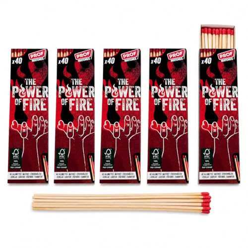 jameitop 5er Pack XXL Streichhölzer 20 cm Extra Lange Premium Zündhölzer 200 Stück pro Set ideal für Camping Grillen Outdoor-Abenteuer Survival Notfälle & DIY-Projekte The Power of Fire