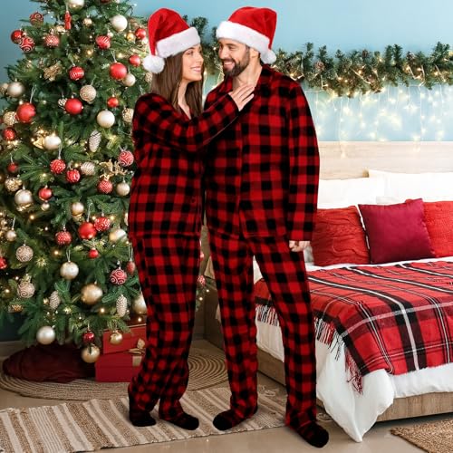 Christmas Couples Pajamas Matching Set Family Pajama Xmas Fleece Button Plaid Sleepwear with Sock and Christmas Hat2
