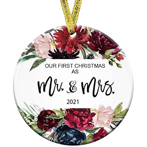 Kooer Our First Christmas as Mr & Mrs Ornament 2020 1st Year Newlyweds 3" Flat Circle Porcelain Ceramic Wedding Ornament (Rose Mr & Mrs) Cover