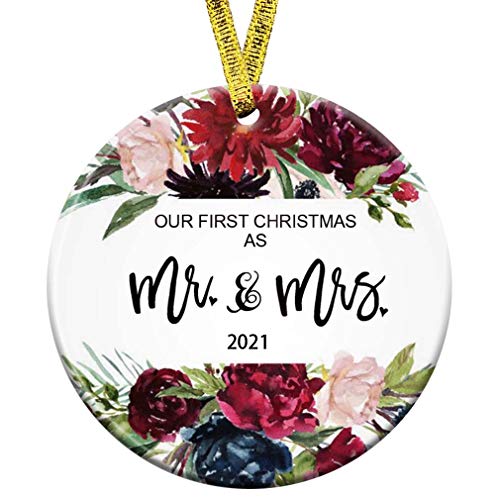 Kooer Our First Christmas as Mr & Mrs Ornament 2021 1st Year Newlyweds 3" Flat Circle Porcelain Ceramic Wedding Ornament (Rose Mr & Mrs)