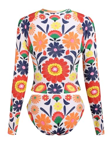 Image of ZAFUL Womens Rash Guard Swimsuits Long Sleeve Sun Protection Bathing Suit Tropical Swim Shirts with Briefs