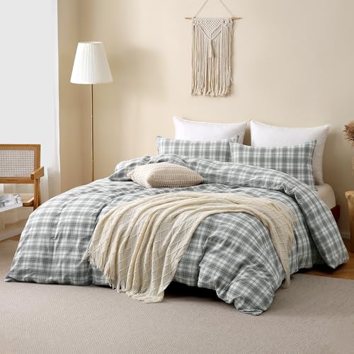 Image of TOCOMOA Plaid Duvet Cover Set 100% Washed Cotton Like Linen Feel Super Soft Comfy 3 Piece Grey and Green Gingham Checkered Bedding Comforter Cover Set (King 104 inchx90 inch, Comforter Not Included)