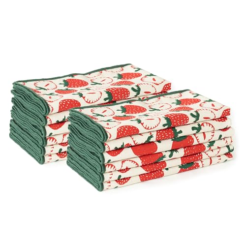 Image of R home Strawberry Print Cotton Napkins Set of 12 - 16x16 Inch (40x40 cm) | Soft Slub Cotton Dining & Cocktail Napkins | Reusable Machine Washable Cloth Napkins with Peko Borders