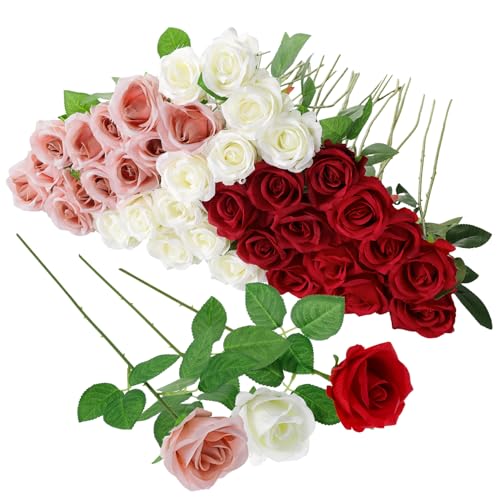 Hoemwarm 36 Pcs Red White Pink Artificial Roses with Long Stems, Fake Silk Rose Artificial Flowers Bulk for Bridal Wedding Bouquet Centerpiece Ball Arrangement Party Decor